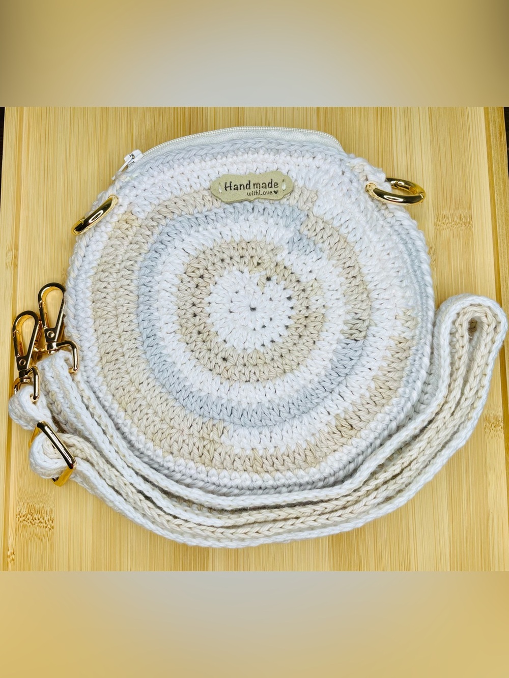 Handmade Crochet Round Crossbody Bag - White & Beige